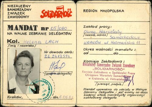 Mandat Heleny Lach na walne zebranie delegatów Regionu Małopolska NSZZ „Solidarność”