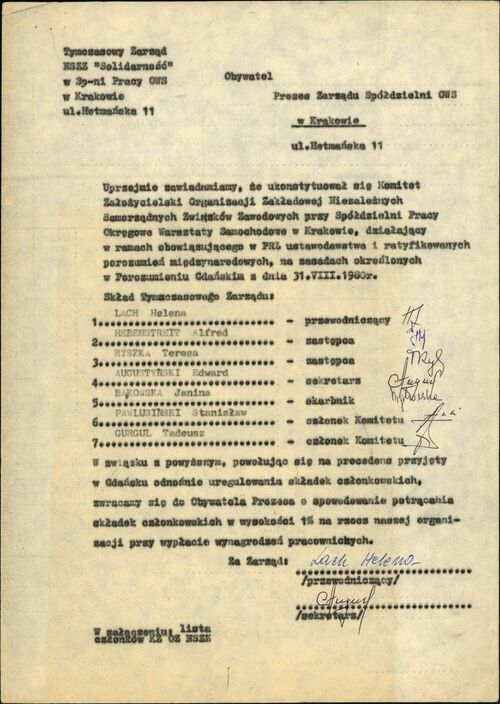 Zawiadomienie o ukonstytuowaniu się Komitetu Założycielskiego NSZZ „Solidarność” w Spółdzielni Pracy OWS w Krakowie