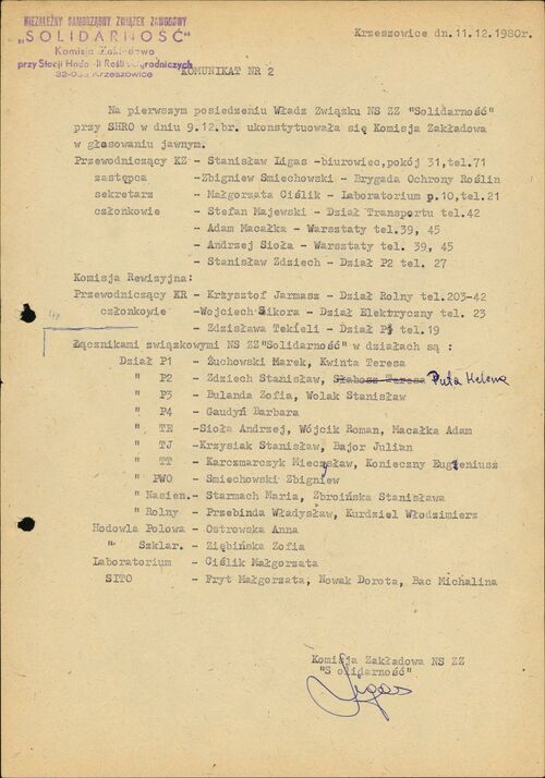Komunikat z 11 grudnia 1980 r. o ukonstytuowaniu się Komisji Zakładowej NSZZ „Solidarność” przy SHRO w Krzeszowicach
