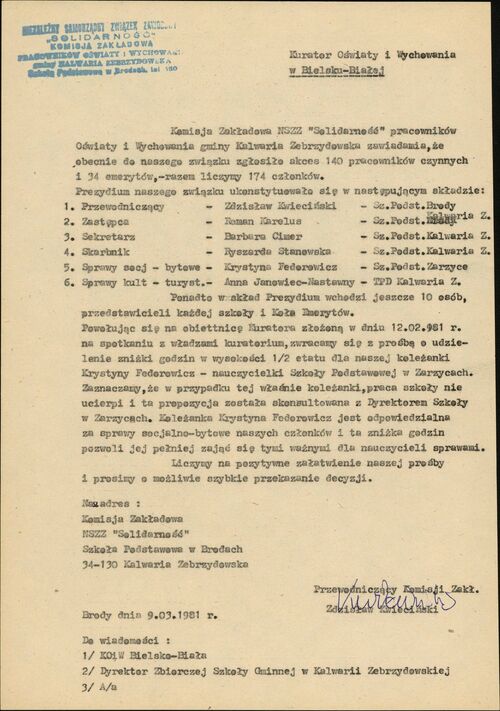 Pismo przewodniczącego Komisji Zakładowej NSZZ „Solidarność” Pracowników Oświaty gminy Kalwaria Zebrzydowska do Kuratora Oświaty i Wychowania w Bielsku-Białej z 9 marca 1981 r. o wyborze prezydium komisji zakładowej