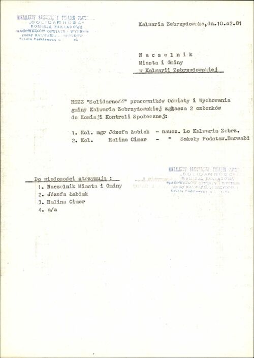Zgłoszenie członków Komisji Zakładowej NSZZ „Solidarność” Pracowników Oświaty gminy Kalwaria Zebrzydowska do Komisji Kontroli Społecznej z 10 lutego 1981 r.