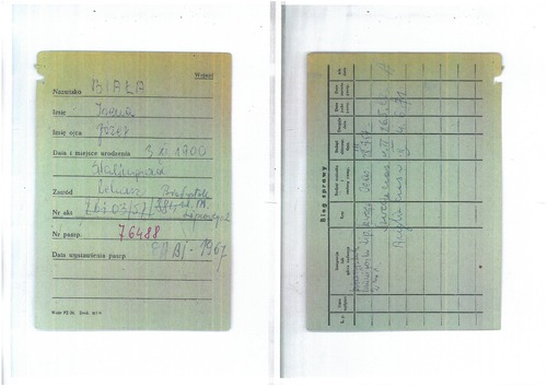 Kopia karty ewidencyjnej Ireny Białej (Białówny) z Biura Kartotek paszportowych MSW (z zasobu IPN)