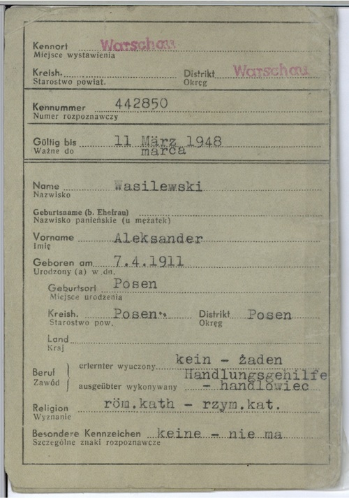 Kenkarta Andrzeja Czaykowskiego na nazwisko Aleksander Wasilewski (z zasobu IPN)