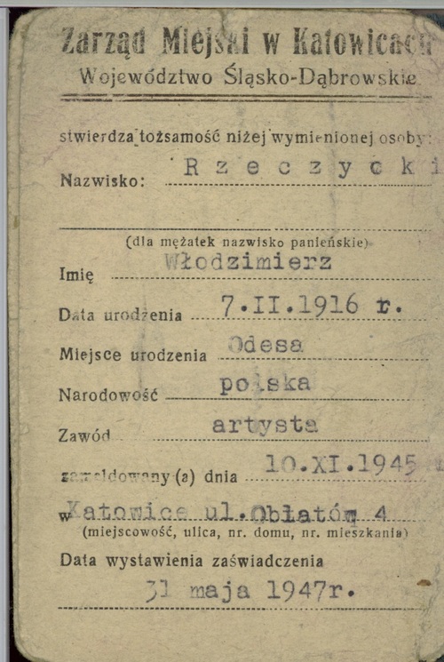 Legitymacja Zarządu Miejskiego w Katowicach Andrzeja Czaykowskiego na nazwisko Włodzimierz Rzeczycki