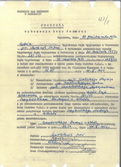 Protokół wykonania kary śmierci na Andrzeju Czaykowskim, 10 października 1953 r. (z zasobu IPN)