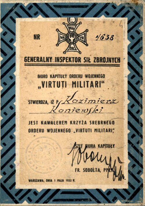 Legitymacja orderu wojennego „Virtuti Militari” Kazimierza Kaniewskiego (fot. z zasobu Oddziałowego Archiwum IPN w Poznaniu)