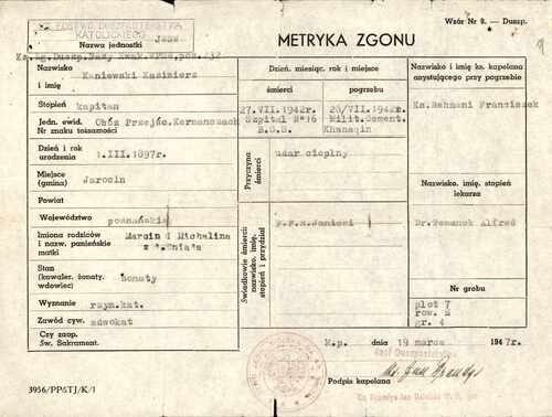 Metryka zgonu Kazimierza Kaniewskiego (fot. z zasobu Oddziałowego Archiwum IPN w Poznaniu)