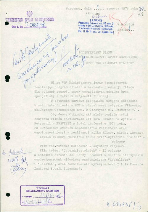 Opinia dotycząca możliwości zatrudnienia Jerzego Obłamskiego w resorcie spraw wewnętrznych. Warszawa, 5 czerwca 1978 r. Dokument z akt osobowych funkcjonariusza