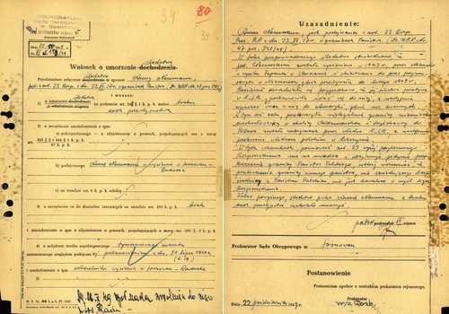 Wniosek Prokuratury Sądu Okręgowego w Sosnowcu z 22 października 1949 r. o umorzenie śledztwa w sprawie Anny Neumann i zwolnienie oskarżonej z aresztu (z zasobu AIPN)