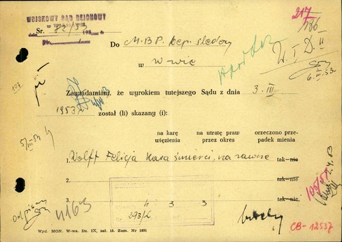 Zawiadomienie Wojskowego Sądu Rejonowego w Warszawie o wyroku wydanym w sprawie Felicji Wolff (z zasobu AIPN)