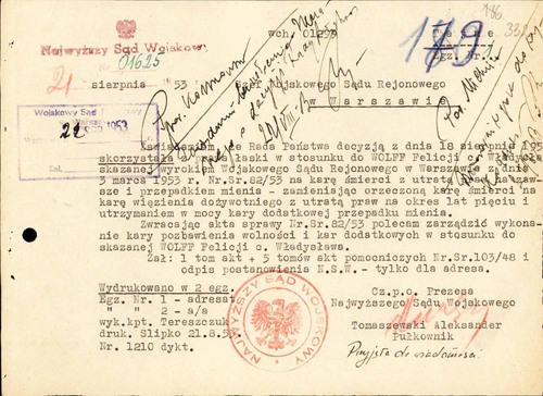 Zawiadomienie z 21 sierpnia 1953 r. o zastosowaniu wobec Felicji Wolff prawa łaski z zamianą kary śmierci na dożywotnie więzienie (z zasobu AIPN)