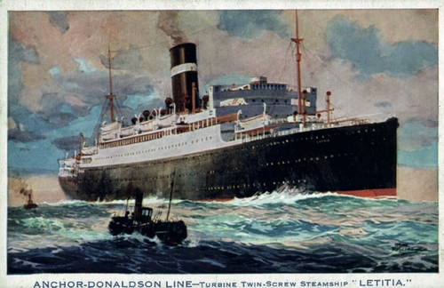 Armatorska pocztówka przedstawiająca statek RMS „Letitia”, który podczas wojny był używany do transportu wojska