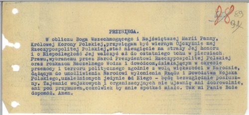 Rota przysięgi składanej przez żołnierzy Wojska Polskiego zrzeszonych w Konspiracyjnym Wojsku Polskim, dowodzonym przez kpt. Stanisława Sojczyńskiego (ze zbiorów IPN)