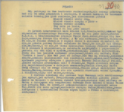 „O Polsko, na Twych ziemiach odbywa się najstraszniejsza w dziejach maskarada… I dlatego zjawiamy się podczas tego Waszego balu kostiumowego jak zgrzyt, jak wyrzut…”. Pełen goryczy, odwołujący się do „Wesela” Stanisława Wyspiańskiego, apel do sumień Polaków wystosowany przez KWP (ze zbioru IPN)