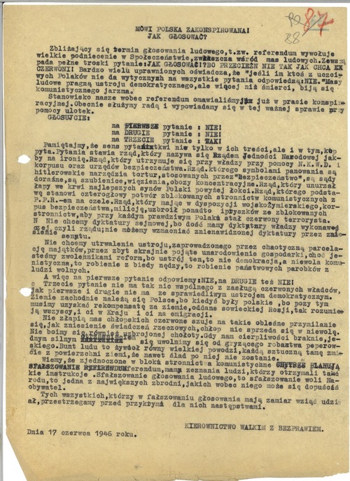 Przygotowane przez struktury KWP wskazówki, wraz z uzasadnieniem, dla społeczeństwa polskiego przed zaplanowanym przez kolaboracyjne władze referendum z 30 czerwca 1946 r. Bardzo charakterystyczne jest wezwanie mającej silnie ludowy profil armii „Warszyca” do głosowania przeciwko komunistycznej reformie rolnej. 17 czerwca 1946 r. (ze zbioru IPN)