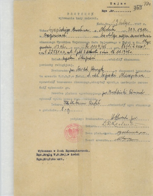 Protokół wykonania na Stanisławie Sojczyńskim wyroku śmierci – wystawiony przez kolaborantów sowieckich urzędowy dokument potwierdzający zamordowanie „Warszyca”. Areszt WUBP w Łodzi, 19 lutego 1947 r. (ze zbioru IPN)