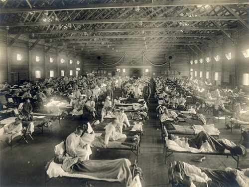 Chorzy na hiszpankę w szpitalu polowym w Camp Funston w stanie Kansas, 1918 r. (fot. Otis Historical Archives, National Museum of Health and Medicine / domena publiczna)
