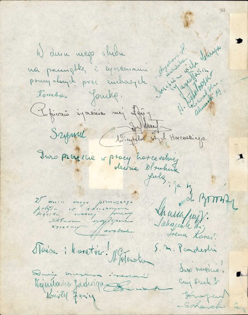 Wpisy z życzeniami z okazji ślubu Janiny Rymar z hm. Bronisławem Pancewiczem w Osiedlu Polskim w Valivade, 17 VII 1945 r. Dokument pochodzi z kolekcji przekazanej do zasobu Archiwum IPN przez Koło Polaków z Indii 1942-1948 (z zasobu IPN)