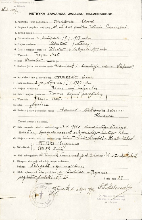 Metryka zawarcia związku małżeńskiego pomiędzy Ireną Czerniszewicz a Edwardem Ćwiklewskim, wystawiona przez Katolickie Duszpasterstwo Polskie w Libanie, 5 VII 1946 r. Dokument pochodzi z kolekcji przekazanej do zasobu Archiwum IPN przez p. Jerzego Edwarda Ćwiklewskiego (z zasobu IPN)