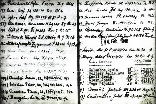 Karty z Księgi zmarłych (Totenbuch) KL Dachau z 23 lutego 1945 r. Nazwisko ks. Frelichowskiego figuruje pod poz. 176 (pierwsze od góry po lewej stronie), nr obozowy 22492, R 7 (nr bloku w rewirze, na którym zmarł ks. Frelichowski). Księgi te zostały uratowane przed spaleniem przez więźniów pracujących w registraturze rewiru