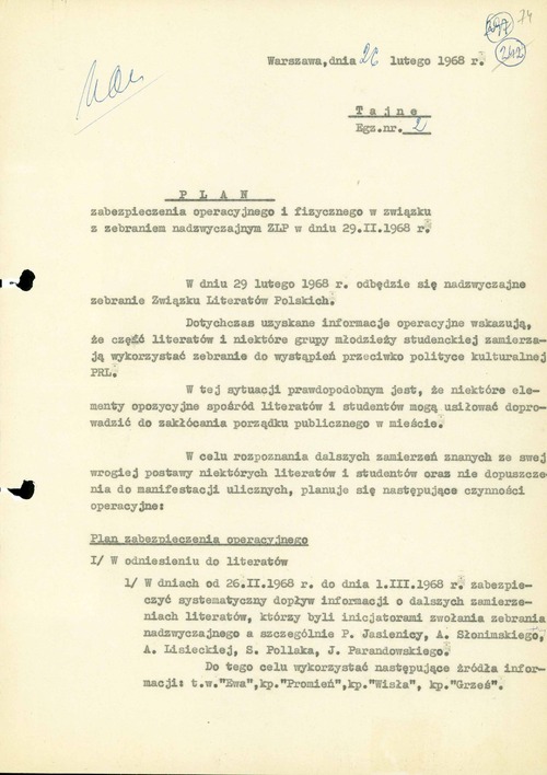 Plan zabezpieczenia operacyjnego i fizycznego w związku z zebraniem nadzwyczajnym ZLP w dniu 29 lutego 1968 roku