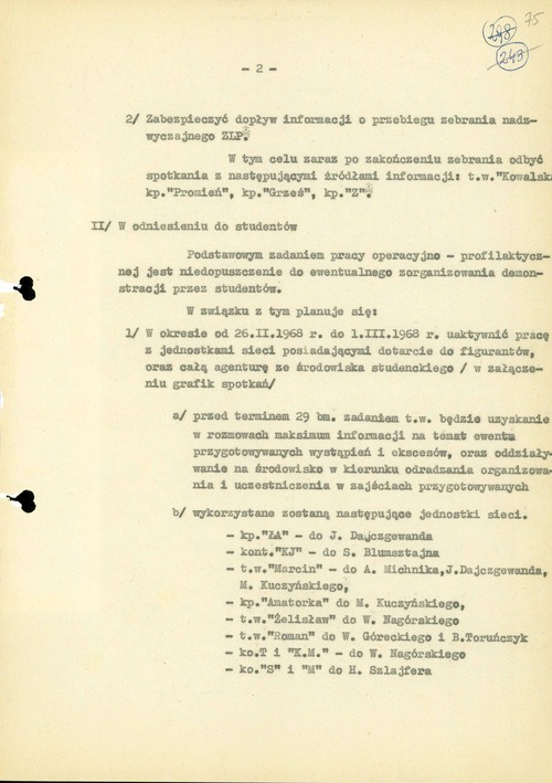 „Plan zabezpieczenia operacyjnego i fizycznego w związku z zebraniem nadzwyczajnym ZLP w dniu 29 II 1968 r.” opracowanego w Komendzie MO m.st. Warszawy 26 II 1968 r. (wybrane strony, z zasobu IPN)