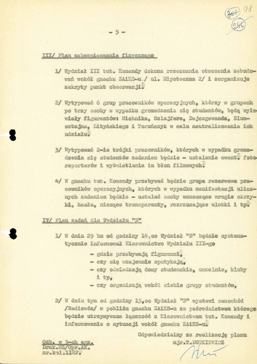 „Plan zabezpieczenia operacyjnego i fizycznego w związku z zebraniem nadzwyczajnym ZLP w dniu 29 II 1968 r.” opracowanego w Komendzie MO m.st. Warszawy 26 II 1968 r. (wybrane strony, z zasobu IPN)