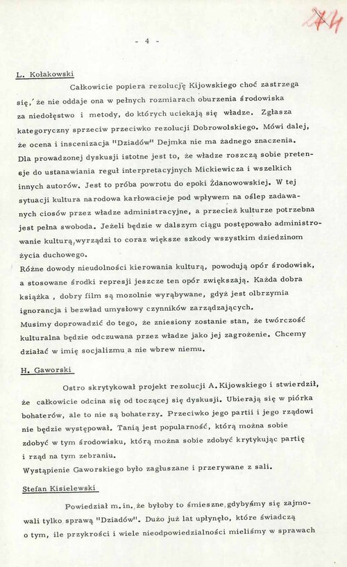 Fragment Informacji MSW dotyczącej przebiegu nadzwyczajnego walnego zebrania Oddziału Warszawskiego ZLP dotyczący treści wystąpień m.in. prof. Leszka Kołakowskiego i Stefana Kisielewskiego (zasobu IPN)