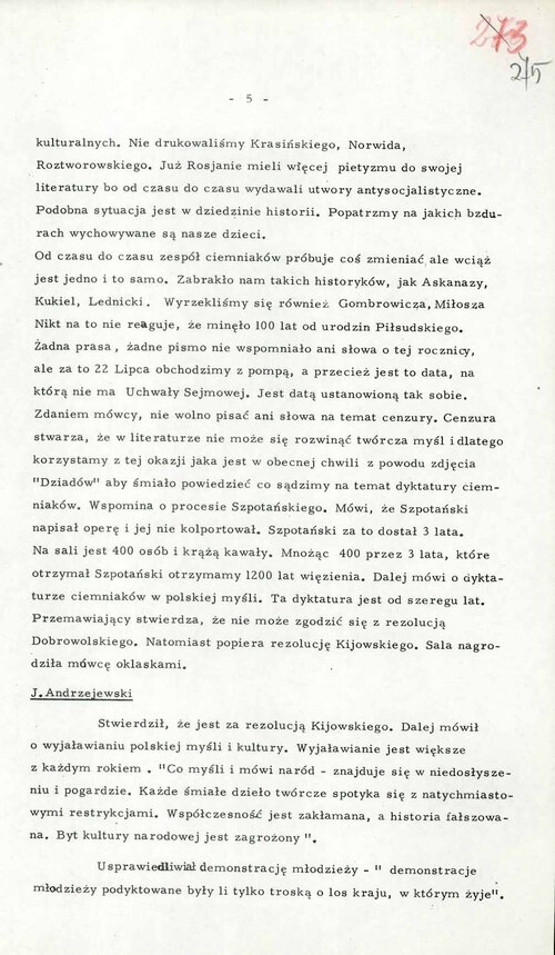 Fragment Informacji MSW dotyczącej przebiegu nadzwyczajnego walnego zebrania Oddziału Warszawskiego ZLP dotyczący treści wystąpień m.in. prof. Leszka Kołakowskiego i Stefana Kisielewskiego (zasobu IPN)