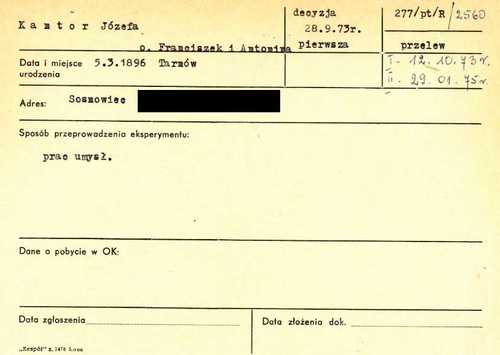 Karta osobowa Józefy Kantor z kartoteki osób, którym została wypłacona pomoc finansowa przez Biuro Pełnomocnika Ministra Zdrowia i Opieki Społecznej do spraw Pomocy Finansowej dla Ofiar Pseudomedycznych Eksperymentów w Hitlerowskich Obozach Koncentracyjnych (z podziałem na obozy), przechowywanej w zasobie Archiwum IPN w Warszawie (z zasobu IPN)
