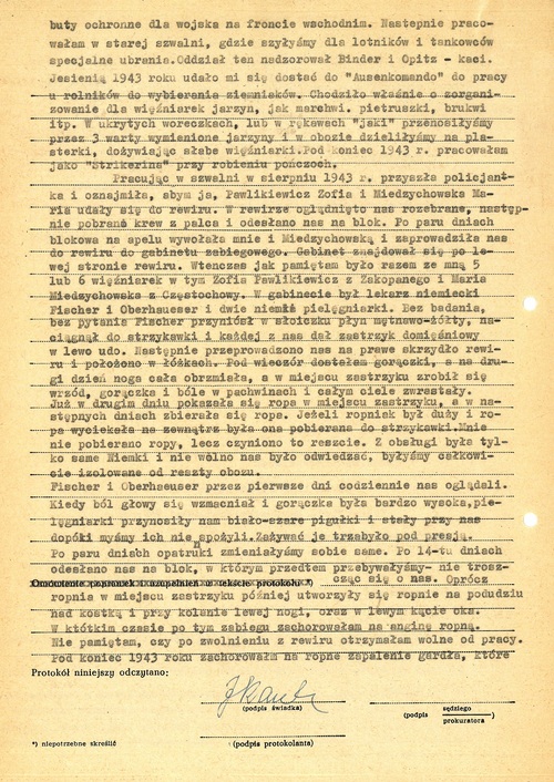 Protokół przesłuchania Józefy Kantor przez Okręgową Komisję Badania Zbrodni Hitlerowskich w Katowicach, 16 X 1971 r. Dokument pochodzi z przechowywanych w zasobie Archiwum IPN w Warszawie akt dotyczących ubiegania się Józefy Kantor o przyznanie pomocy finansowej ze względu na poddawanie eksperymentom pseudomedycznym w obozie koncentracyjnym w Ravensbrück w latach II wojny światowej (z zasobu IPN)