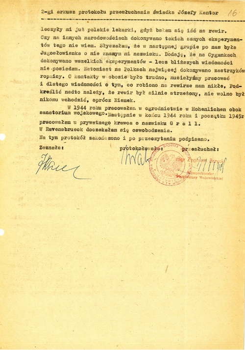 Protokół przesłuchania Józefy Kantor przez Okręgową Komisję Badania Zbrodni Hitlerowskich w Katowicach, 16 X 1971 r. Dokument pochodzi z przechowywanych w zasobie Archiwum IPN w Warszawie akt dotyczących ubiegania się Józefy Kantor o przyznanie pomocy finansowej ze względu na poddawanie eksperymentom pseudomedycznym w obozie koncentracyjnym w Ravensbrück w latach II wojny światowej (z zasobu IPN)