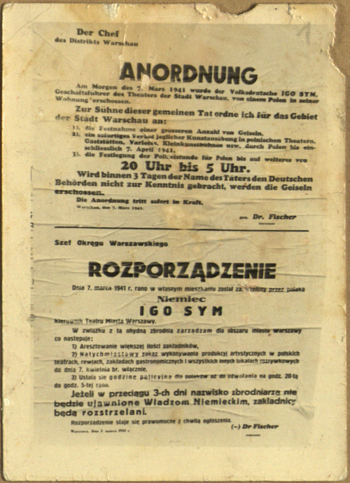 Rozporządzenie gubernatora dystryktu warszawskiego wydane po zamachu na Igo Syma (z zasobu AIPN)