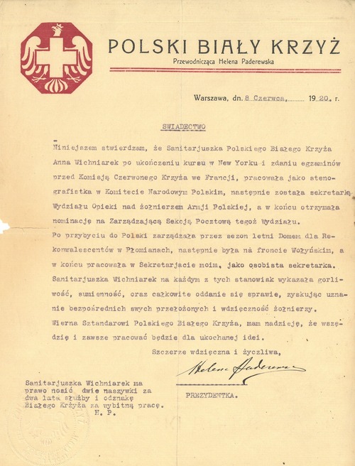 Letter from Helena Paderewska from June 8, 1920 regarding the Polish White Cross nurse Anna Wichniarek. The document comes from the collections of the Polish Falcons of America donated to the Institute of National Remembrance Archives in 2019.