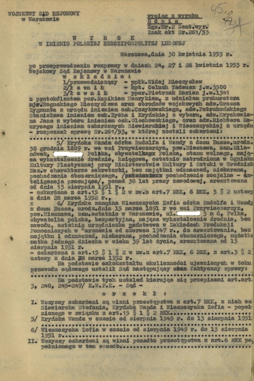 Pierwsza strona wyciągu z wyroku WSR w Warszawie z 30 IV 1953 r. (z zasobu IPN)