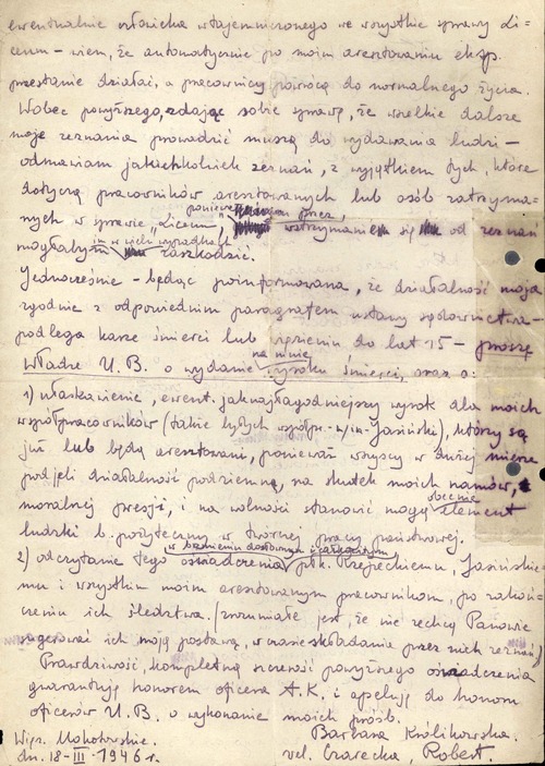 Pismo kpt. Barbary Sadowskiej do funkcjonariuszy MBP z 18 III 1946 r. (fot. z zasobu IPN)