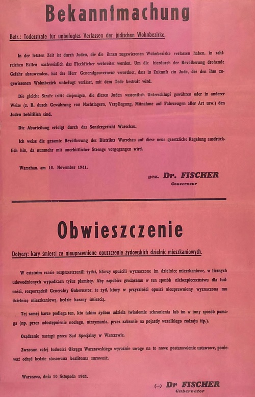 Obwieszczenie gubernatora dystryktu warszawskiego Ludwiga Fischera z 10 listopada 1941 r. grożące śmiercią osobom pomagającym Żydom