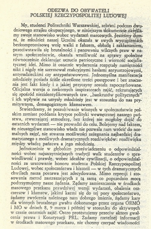 Tekst odezwy studentów Politechniki Warszawskiej do obywateli Polskiej Rzeczypospolitej Ludowej, 21 III 1968 r. (w: Marzec 1968, część II, wyd. NZS Politechniki Warszawskiej , 1981 r.)