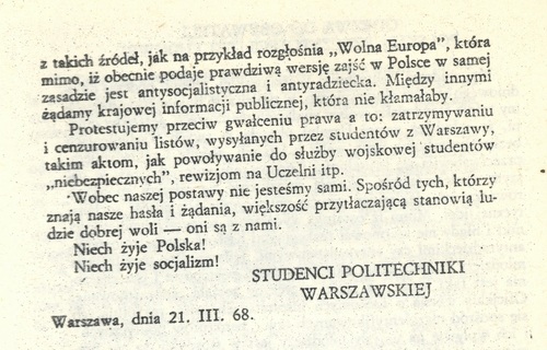 Tekst odezwy studentów Politechniki Warszawskiej do obywateli Polskiej Rzeczypospolitej Ludowej, 21 III 1968 r. (w: Marzec 1968, część II, wyd. NZS Politechniki Warszawskiej , 1981 r.)