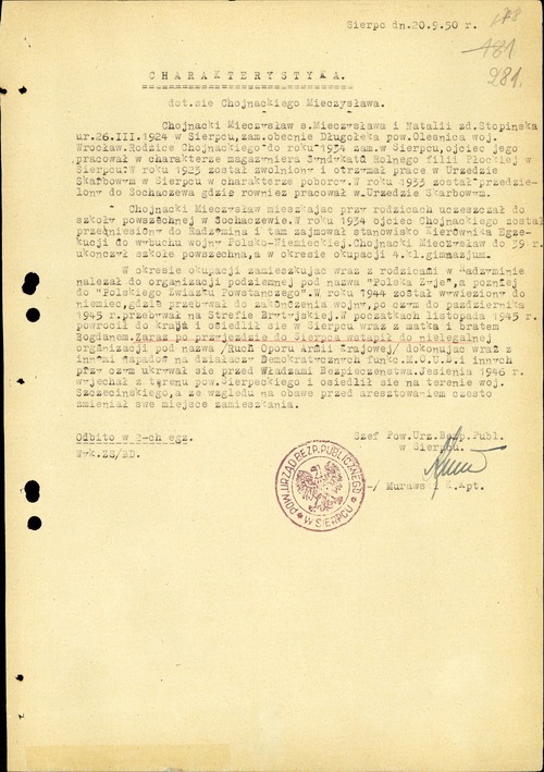 Charakterystyka dot. Mieczysława Chojnackiego, sporządzona przez kpt. Konstantego Murawskiego, szefa PUBP w Sierpcu, 20 września 1950 r. (z zasobu AIPN)