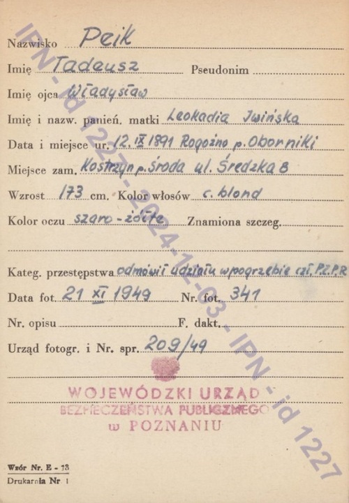 Karta sygnalityczna dot. ks. Tadeusza Peika (z zasobu AIPN)