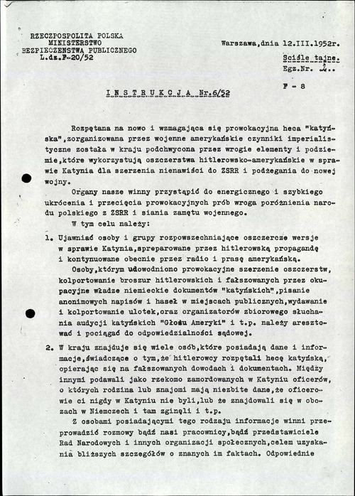 Pierwsza strona instrukcji płk Julii Brystygier, dyrektora Departamentu V Ministerstwa Bezpieczeństwa Publicznego, dotyczącej represjonowania osób zaangażowanych w demaskowanie kłamstwa katyńskiego. Warszawa, 12 marca 1952 r. Ze zbiorów IPN