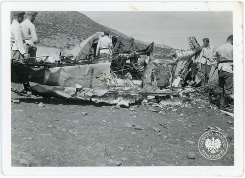 Niemieccy żołnierze wokół samolotu strąconego podczas agresji Niemiec na Jugosławię, kwiecień 1941 r. (fot. z zasobu AIPN)