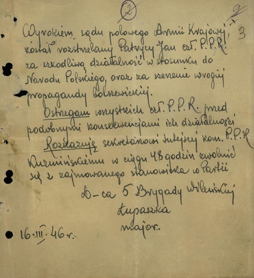 Pismo mjr. „Łupaszki” o wykonaniu wyroku śmierci na Janie Patrycym, 16 III 1946 r. (z zasobu IPN)