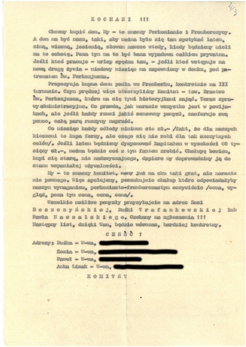Odezwa dotycząca zbiórki na dom pracy twórczej, podpisana m.in. przez Darię (Duśkę) Trafankowską. Dokument z akt sprawy operacyjnego sprawdzenia krypt. „Dom” (z zasobu IPN)