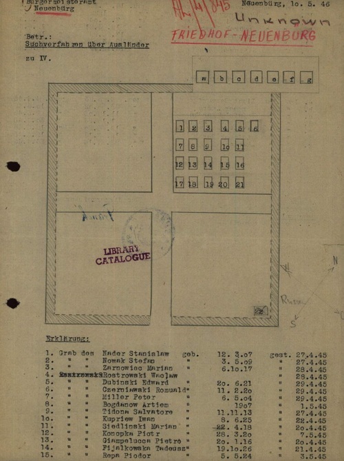 Plan cmentarza w miejscowości Neuenbürg, pod nr 12 oznaczony grób Piotra Konopki (fot. z zasobu Arolsen Archives)
