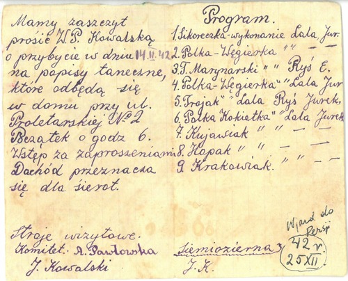 Treść zaproszenia na popisy taneczne zorganizowane przez polskich zesłańców w Kazachstanie, 14 lutego 1942 r. (z zasobu AIPN)