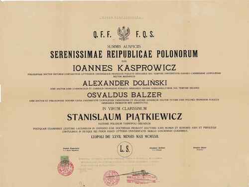 Dokument potwierdzający uzyskanie stopnia naukowego doktora przez Stanisława Piątkiewicza - zbiory A. Karbowskiej