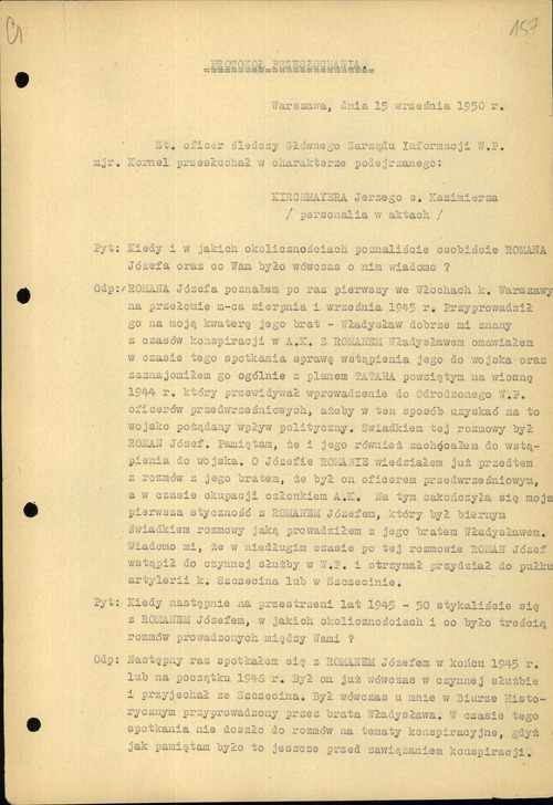 Protokół przesłuchania Jerzego Kirchmayera. Warszawa, 15 IX 1950 r. (z zasobu IPN)