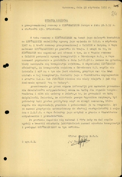 Notatka służbowa z rozmowy przeprowadzonej z Jerzym Kirchmayerem, 28 I 1952 r. (z zasobu IPN)